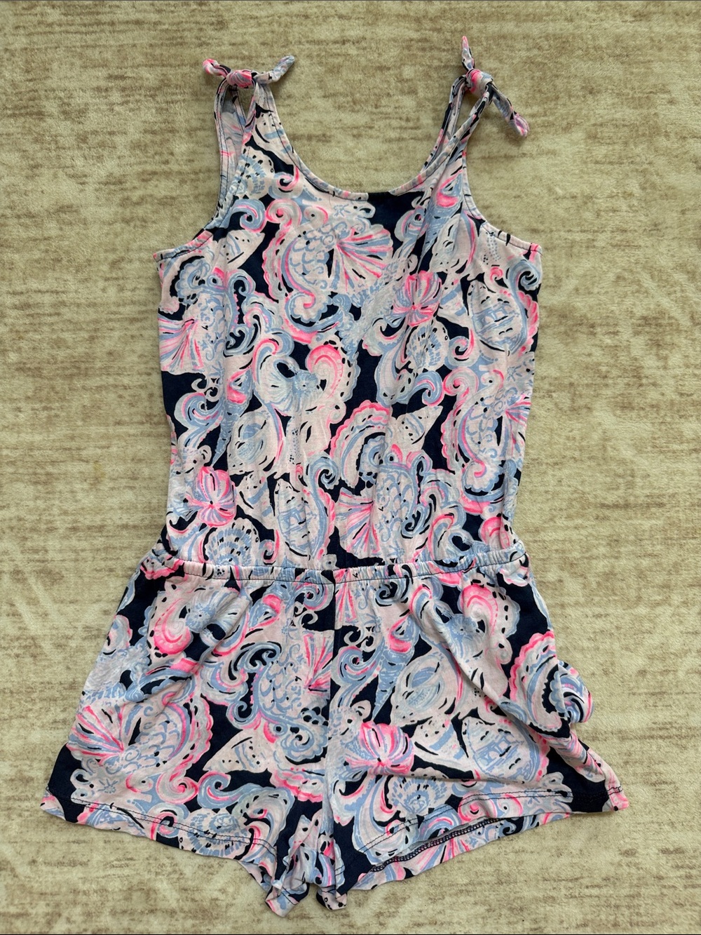 Lilly Pulitzer Girls Mini Bay Romper Shell Print Navy Pink Size M (8-10)